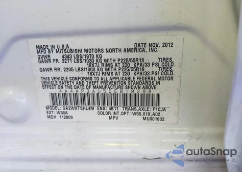 2013 Mitsubishi Outlander Sport Es from USA, damaged, VIN 4A4AP3AU5DE010298